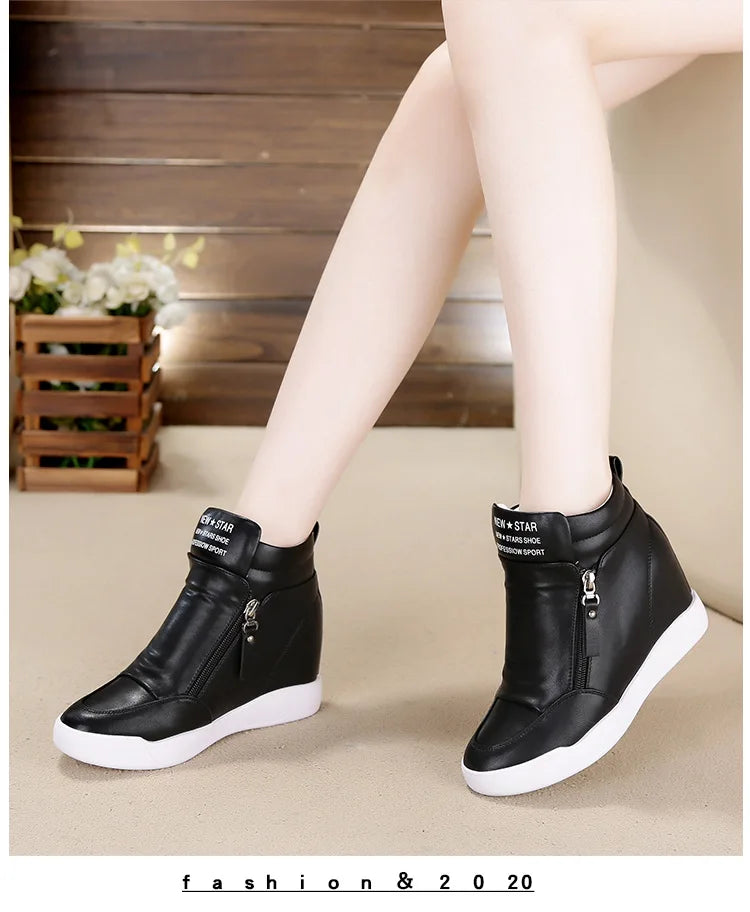 Women Casual Sneakers White PU Platform Shoes Ladies Wedge Sports Shoe Fashion Woman Black Chunky Side Zipper Vulcanized Shoes