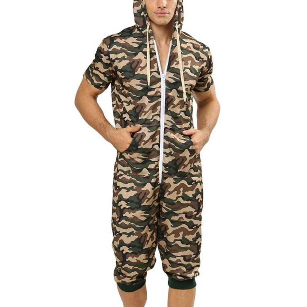 Men Short Sleeve Jumpsuit Sweatshirt Male Hoodies Zipper Overalls Bodysuit Rompers Short Pant Casual Home Wear Tracksuit Pajamas