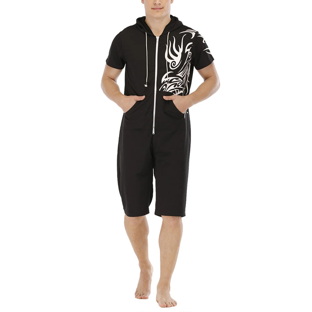 Men Short Sleeve Jumpsuit Sweatshirt Male Hoodies Zipper Overalls Bodysuit Rompers Short Pant Casual Home Wear Tracksuit Pajamas