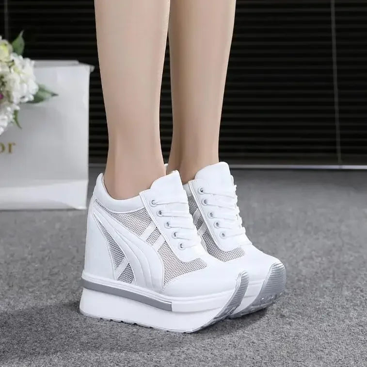NEW Classic Women Mesh Platform Sneakers White Shoes 10CM High Heel Wedges Outdoor Breathable Casual Shoes Autumn Round Toe 2024