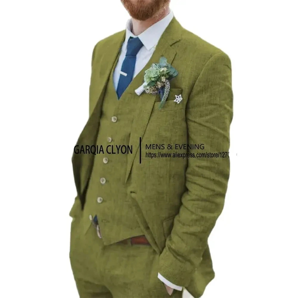 3 Piece Men's Retro Linen Men Suit Beach Wedding Suit Summer Slim Fit Linen Suit Groomsmen For Wedding(Blazer+Vest+Pants)