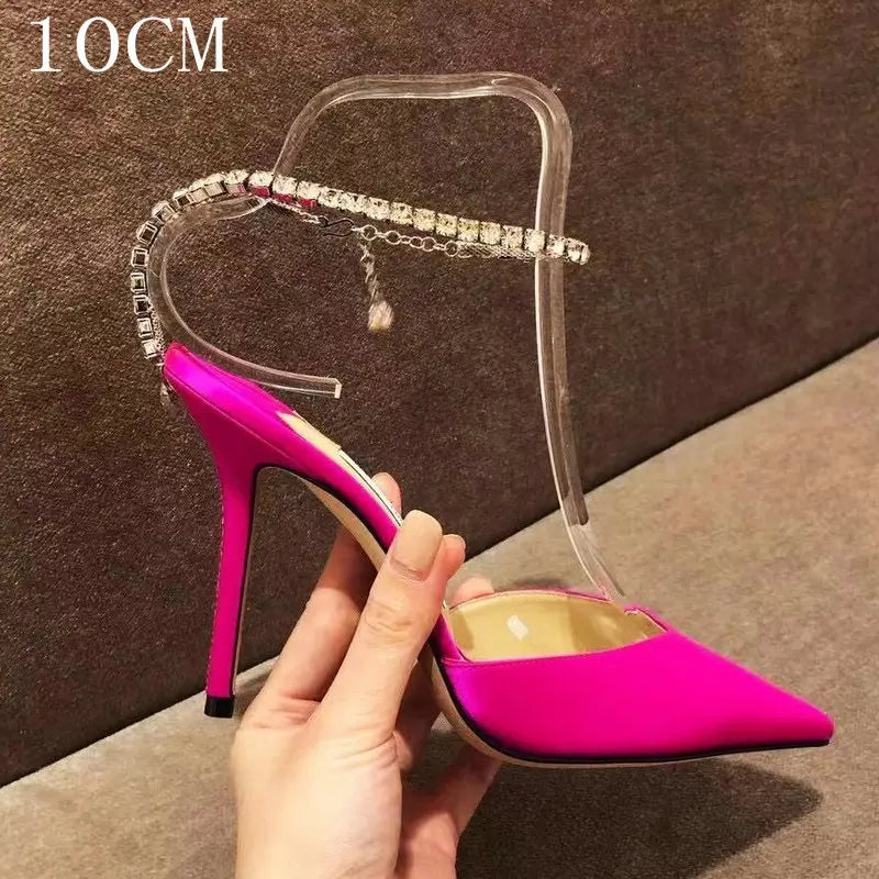2025 Crystal Pendant White Wedding Shoes Bridesmaid Shoes One-Line Sandals Rhinestone Pointed Stiletto Satin Sexy Party Pumps