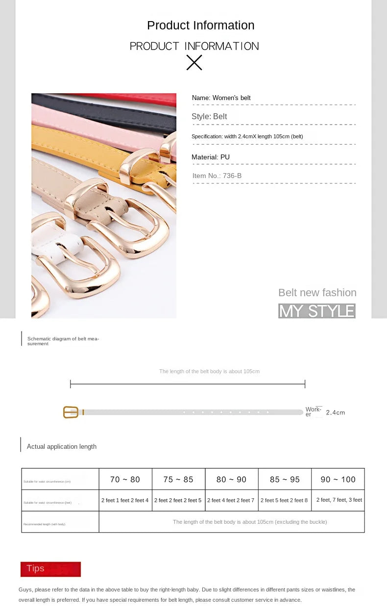 2.4X105cm Women Belts PU Leather Simple Metal Buckle Belt Girls Dress Jean Pants Waistband Belts for Lady Luxury Designer Brand