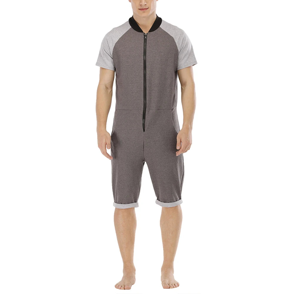 Men Short Sleeve Jumpsuit Sweatshirt Male Hoodies Zipper Overalls Bodysuit Rompers Short Pant Casual Home Wear Tracksuit Pajamas