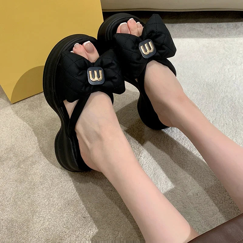 Women's Sandals New Korean Edition Casual Beach Shoes Versatile Thick Sole Shoes Bow Slippers Women's Outwear Summer