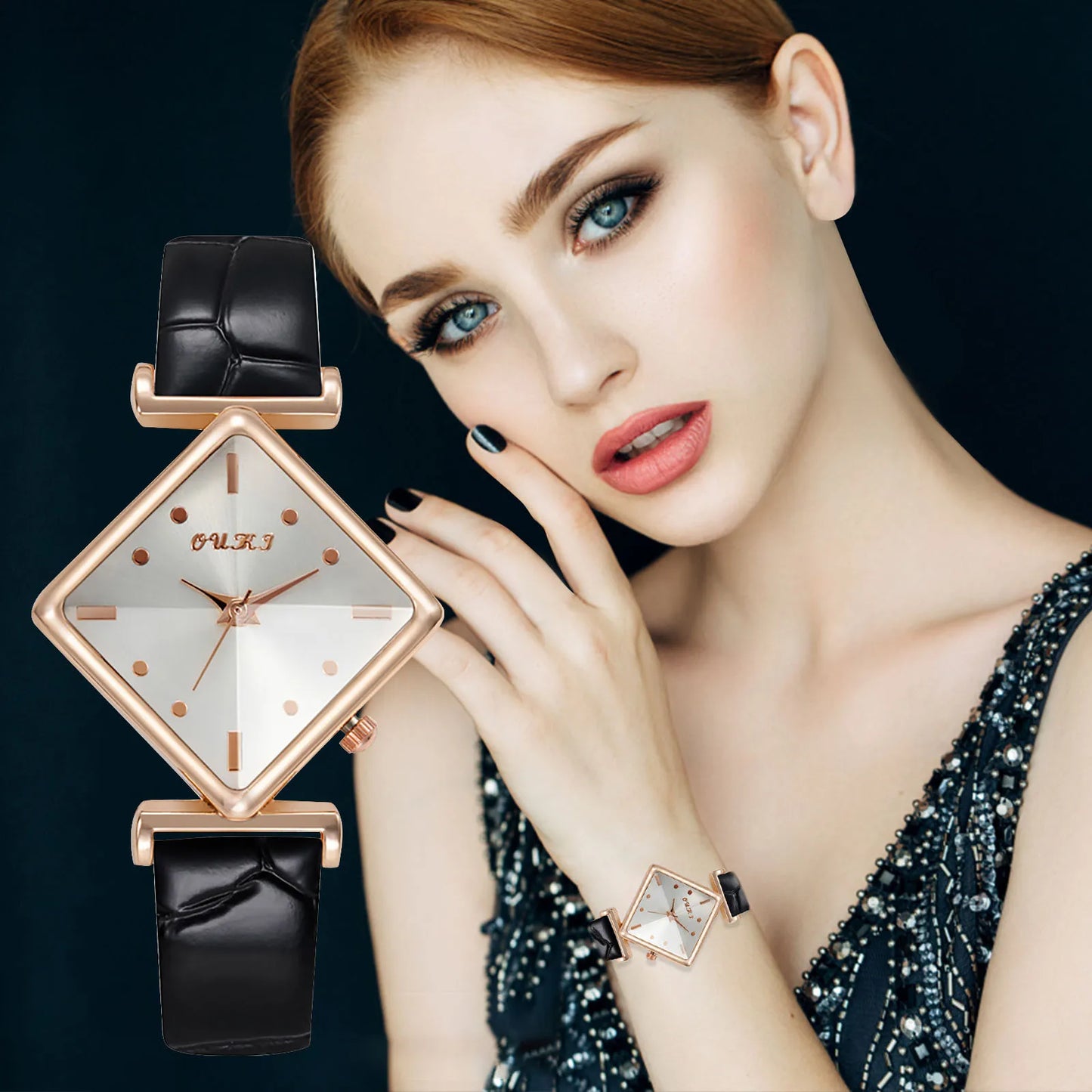 Women'S Casual Square Watch Diamond Glass Sugar Leather Band Simple Scale Luxury Quality Ladies Fashion Quartz Watch