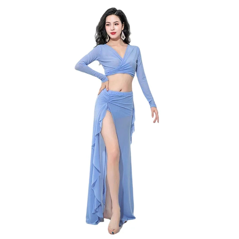 Women Oriental Dance Costume Dress 2 Piece Gauze Top Side Split Long Skirt Professional Dancer Performance Training Outfit New