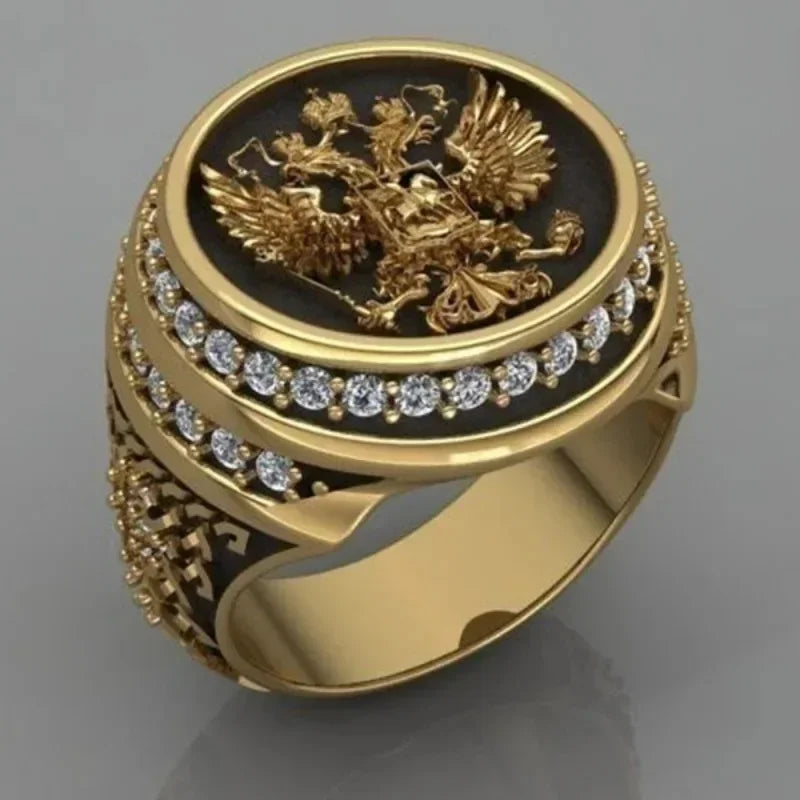 2024 Fashion Men's Signet Ring Russian Empire Double Eagle Rings for Male Pun Color Arms of The Russian Big Rings Gothic
