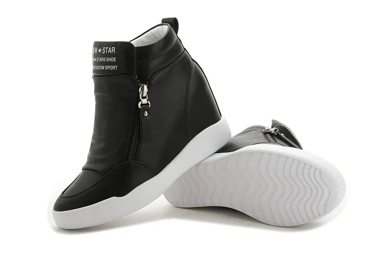 Women Casual Sneakers White PU Platform Shoes Ladies Wedge Sports Shoe Fashion Woman Black Chunky Side Zipper Vulcanized Shoes