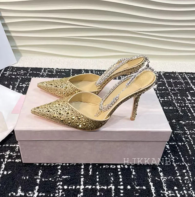Pointed Toe Thin High Heel Pumps Women Ankle Strap Crystal Single Shoes Bling Rhinestone Sandals Sexy Spring Party Dress Shoes