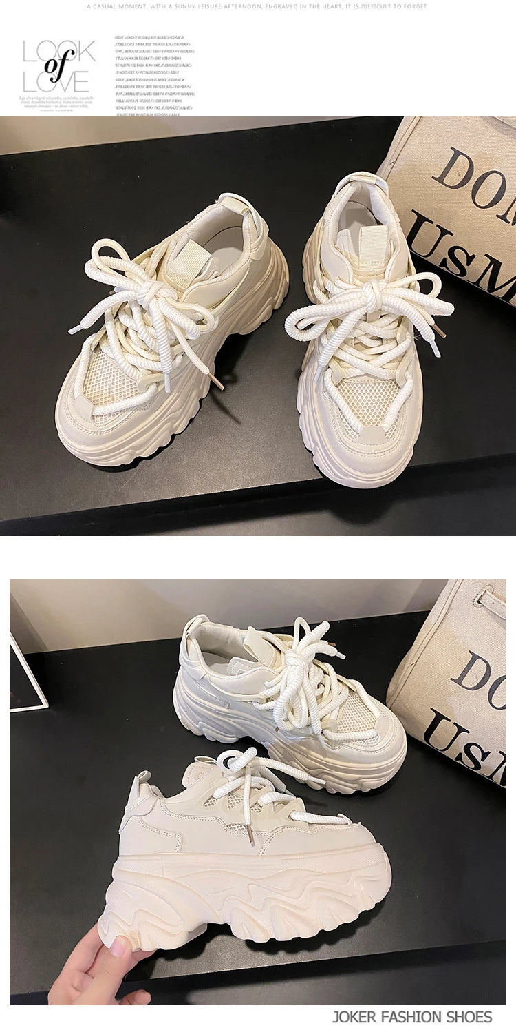 Hidden Heels White Chunky Sneakers Women Breathable Lace Up High Platform Shoes Woman 2025 Autumn Non-Slip Thick Bottom Sneakers