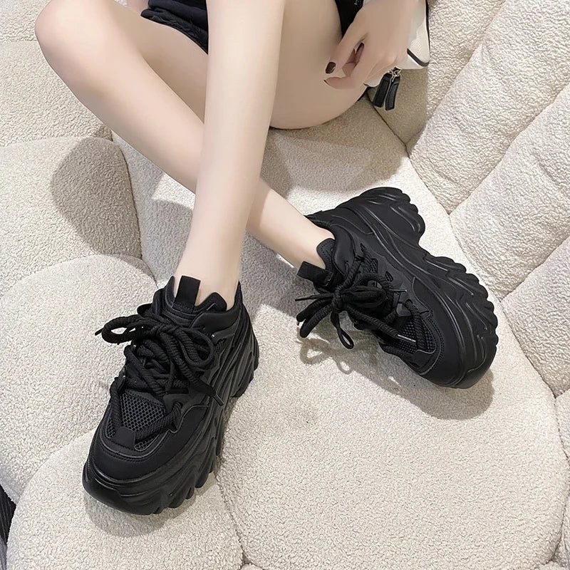 Hidden Heels White Chunky Sneakers Women Breathable Lace Up High Platform Shoes Woman 2025 Autumn Non-Slip Thick Bottom Sneakers