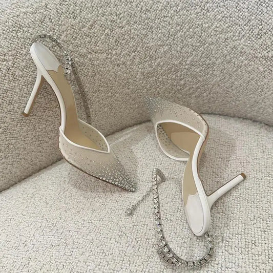 2025 New Mesh Hot Drilled Sexy Versatile Pointed Shallow Mouth Water Diamond Chain High Heels Baotou Sandals for Women