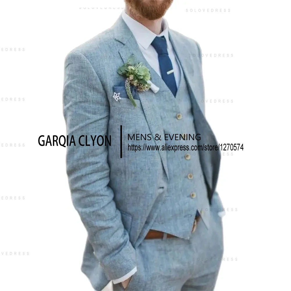 3 Piece Men's Retro Linen Men Suit Beach Wedding Suit Summer Slim Fit Linen Suit Groomsmen For Wedding(Blazer+Vest+Pants)