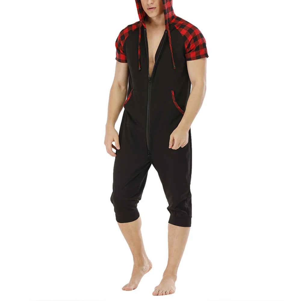 Men Short Sleeve Jumpsuit Sweatshirt Male Hoodies Zipper Overalls Bodysuit Rompers Short Pant Casual Home Wear Tracksuit Pajamas