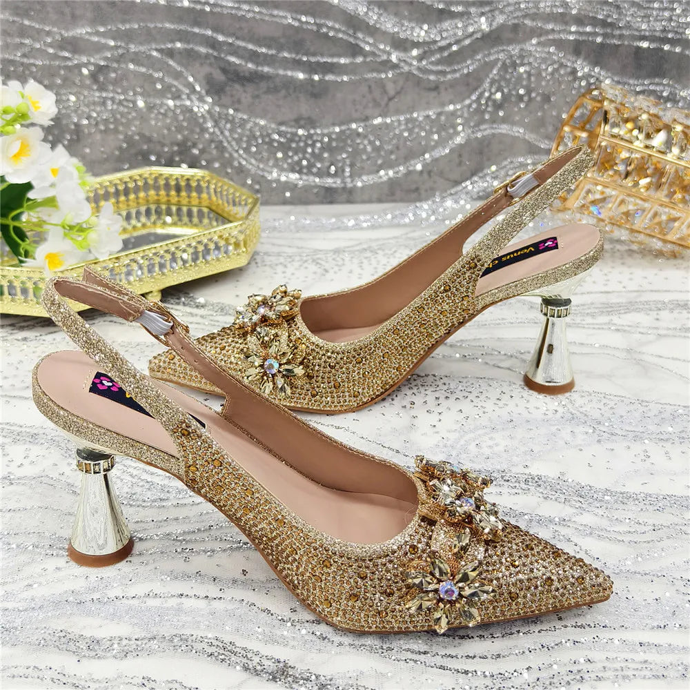 Popularity Pointed Toe High Heels Shoes and Bags Set With Rhinestone for Women Wedding Party Elegant Luxury Fashion