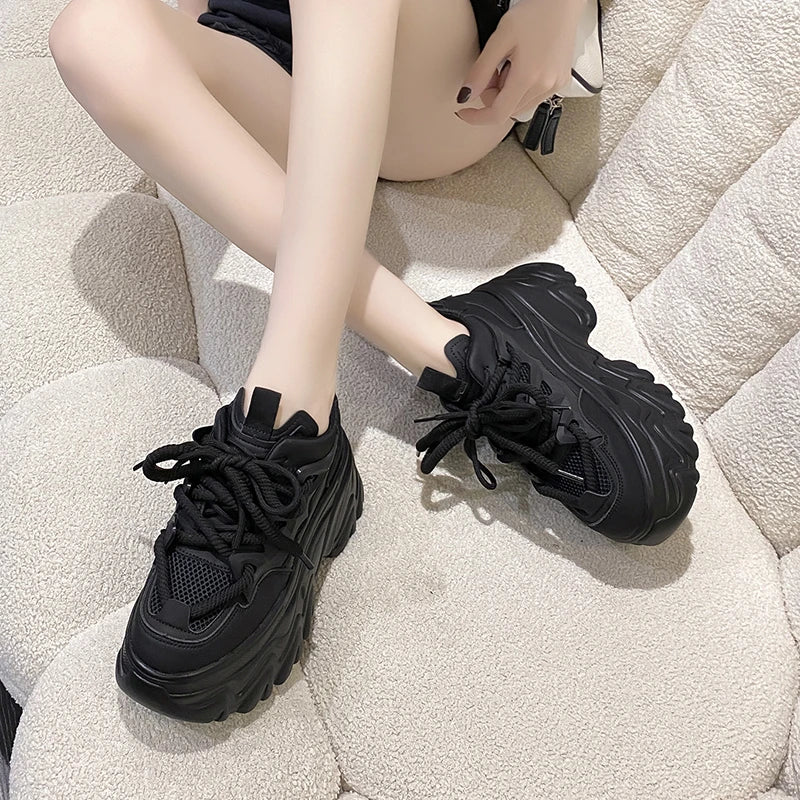 Hidden Heels White Chunky Sneakers Women Breathable Lace Up High Platform Shoes Woman 2025 Autumn Non-Slip Thick Bottom Sneakers