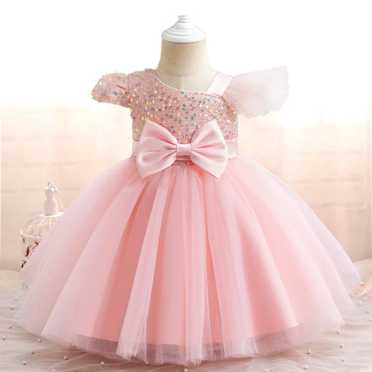 Toddler Baby Sequin Party Dresses Baptism Wedding 1 Year Birthday Bow Princess Dress For Baby Girl Tulle Bridemaid Gown Vestidos