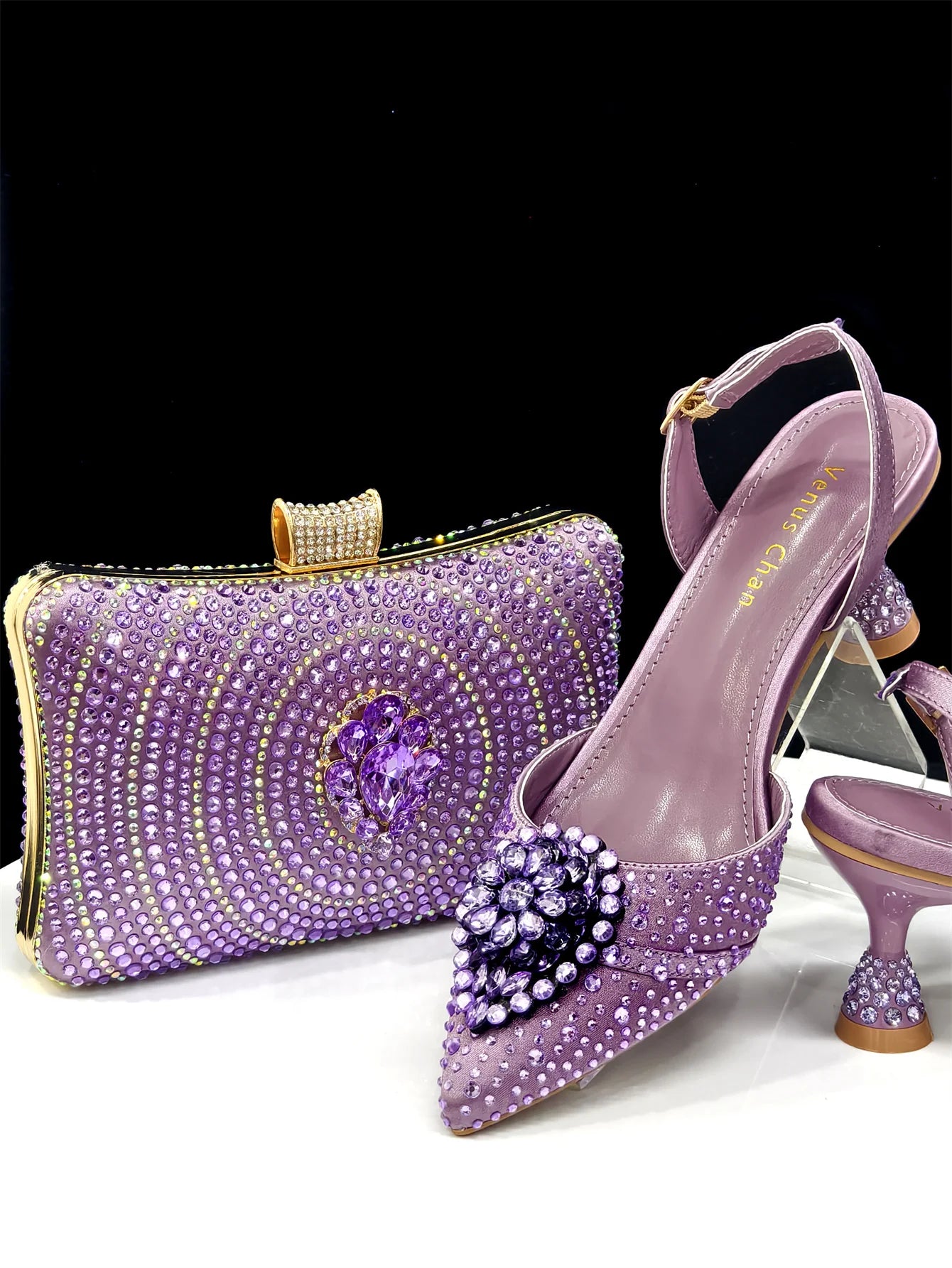 Pointed Toe High Heels Sandals for Women 2025 Elegant Blue Diamond Pumps Italian Shoes and Bags Matching Set