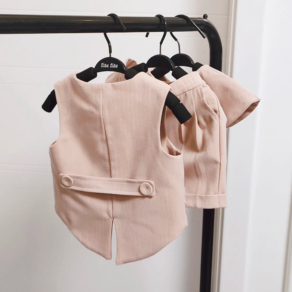 Baby Boy Girl Suit Pink Tuxedo Formal Clothing Sets Short Sleeve Kids Outfits Set Infant Party Birthday Wedding Dress Boy Girls