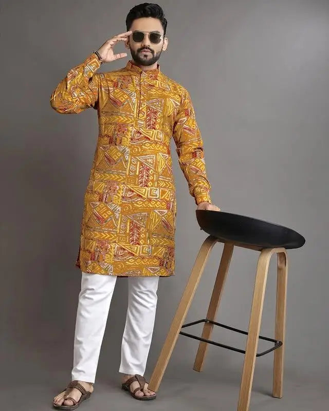 2025 Men Digital Printed Kurta Vardha Regular Fit Mandarin Collar Long Suitable All Occasions Such Wedding Hari Raya Aidilfitri