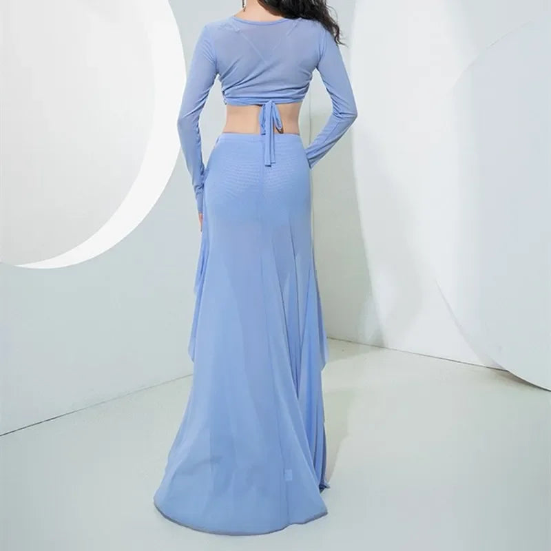 Women Oriental Dance Costume Dress 2 Piece Gauze Top Side Split Long Skirt Professional Dancer Performance Training Outfit New