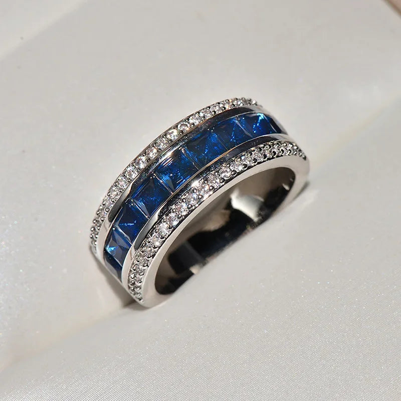 Authentic 925 Sterling Silver Finger Ring With Round Blue Square Cubic Zirconia Crystal Wide Ring For Women Wedding Jewelry