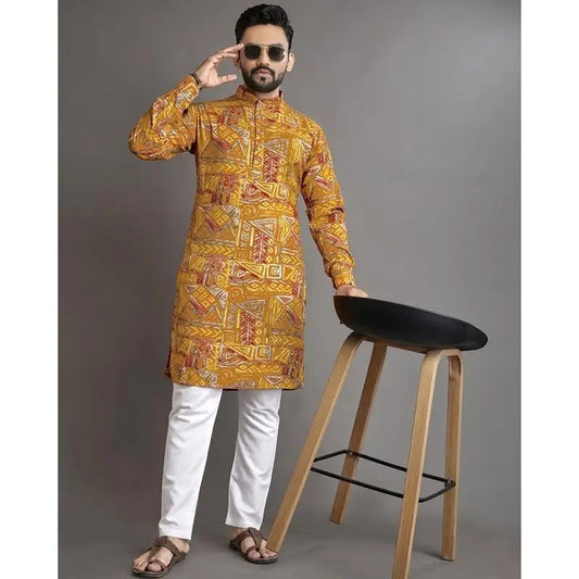 2025 Men Digital Printed Kurta Vardha Regular Fit Mandarin Collar Long Suitable All Occasions Such Wedding Hari Raya Aidilfitri