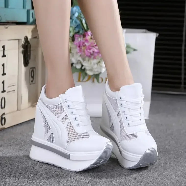 NEW Classic Women Mesh Platform Sneakers White Shoes 10CM High Heel Wedges Outdoor Breathable Casual Shoes Autumn Round Toe 2024