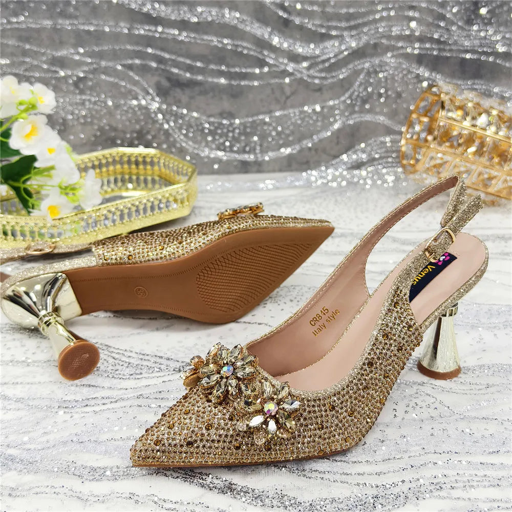 Popularity Pointed Toe High Heels Shoes and Bags Set With Rhinestone for Women Wedding Party Elegant Luxury Fashion
