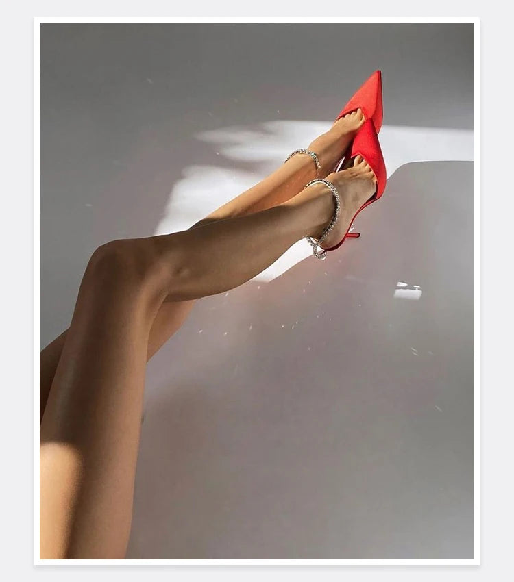 2025 New Mesh Hot Drilled Sexy Versatile Pointed Shallow Mouth Water Diamond Chain High Heels Baotou Sandals for Women