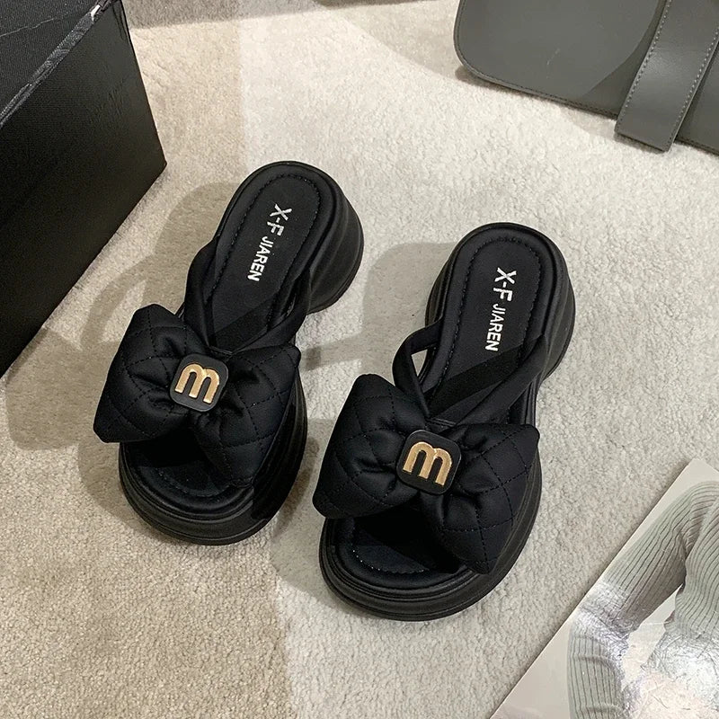 Women's Sandals New Korean Edition Casual Beach Shoes Versatile Thick Sole Shoes Bow Slippers Women's Outwear Summer