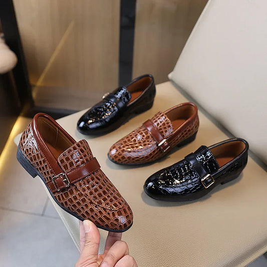 Kids Leather Shoe for Catwalk Fashion Boys Black Flats Pointed-toe Versatile School Uniform Children Performance Low-heels Shoes