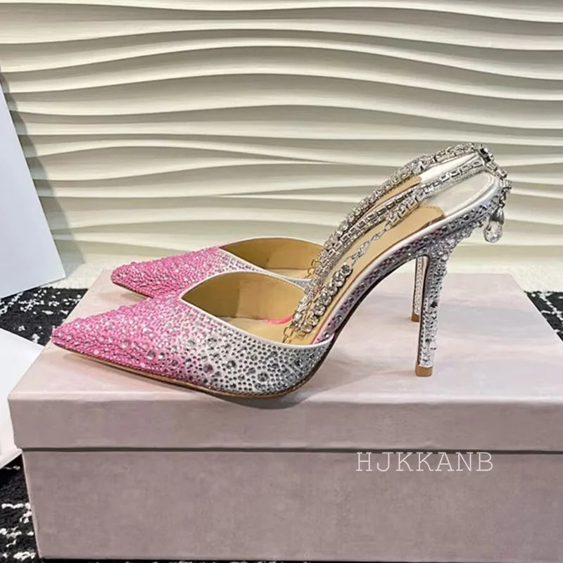 Pointed Toe Thin High Heel Pumps Women Ankle Strap Crystal Single Shoes Bling Rhinestone Sandals Sexy Spring Party Dress Shoes
