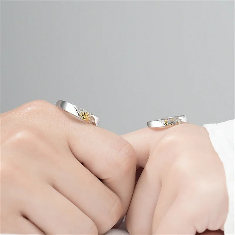 Trendy 925 Silver Ring For Men Women Jewelry Fashion Moon Sun Design Couple Ring Adjustable For Lover Wedding Accessories
