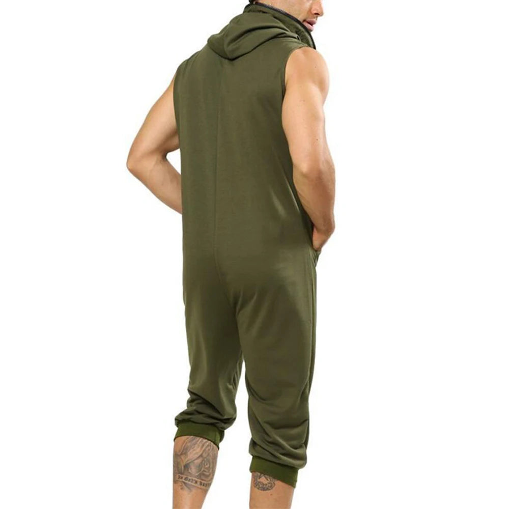Men Short Sleeve Jumpsuit Sweatshirt Male Hoodies Zipper Overalls Bodysuit Rompers Short Pant Casual Home Wear Tracksuit Pajamas