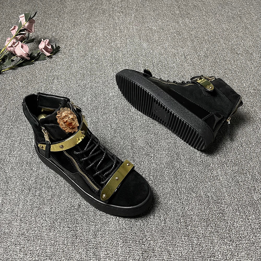 Men's High-Top Leather Casual Shoes - Designer Sneakers with Metal Buckle