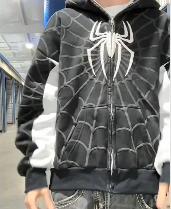 American Spider 3D Foaming Embroidery Zipper Hoodie Y2K Retro Gothic Harajuku Women Zip Up Jacket Hoodies Sweatshirt Men Clothes
