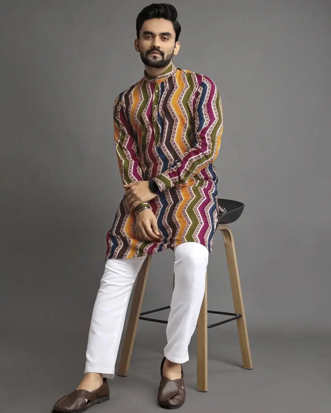 2025 Men Digital Printed Kurta Vardha Regular Fit Mandarin Collar Long Suitable All Occasions Such Wedding Hari Raya Aidilfitri