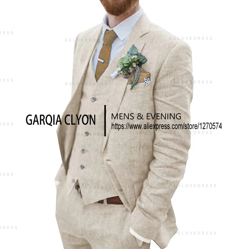 3 Piece Men's Retro Linen Men Suit Beach Wedding Suit Summer Slim Fit Linen Suit Groomsmen For Wedding(Blazer+Vest+Pants)