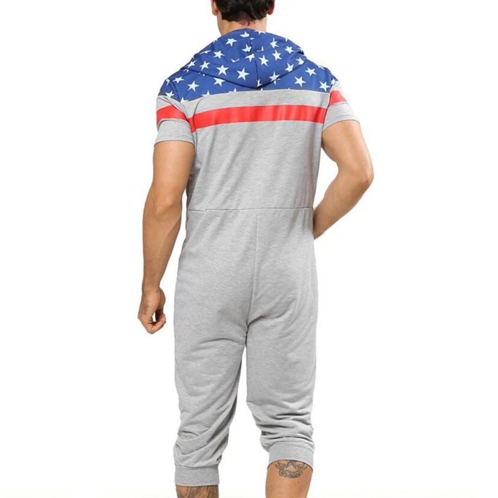 Men Short Sleeve Jumpsuit Sweatshirt Male Hoodies Zipper Overalls Bodysuit Rompers Short Pant Casual Home Wear Tracksuit Pajamas