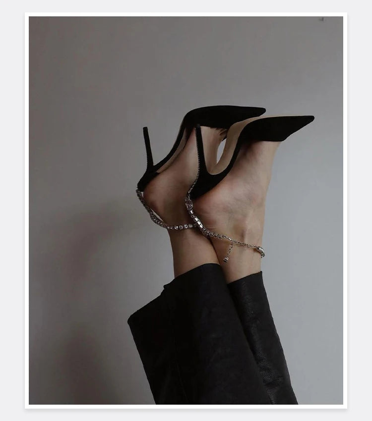 2025 New Mesh Hot Drilled Sexy Versatile Pointed Shallow Mouth Water Diamond Chain High Heels Baotou Sandals for Women