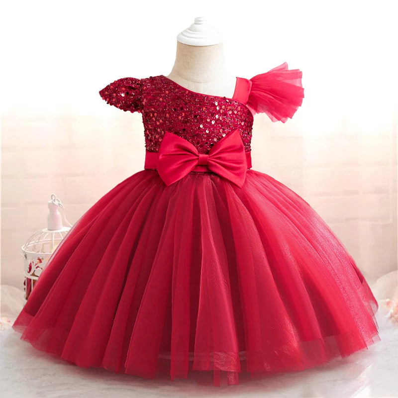 Toddler Baby Sequin Party Dresses Baptism Wedding 1 Year Birthday Bow Princess Dress For Baby Girl Tulle Bridemaid Gown Vestidos