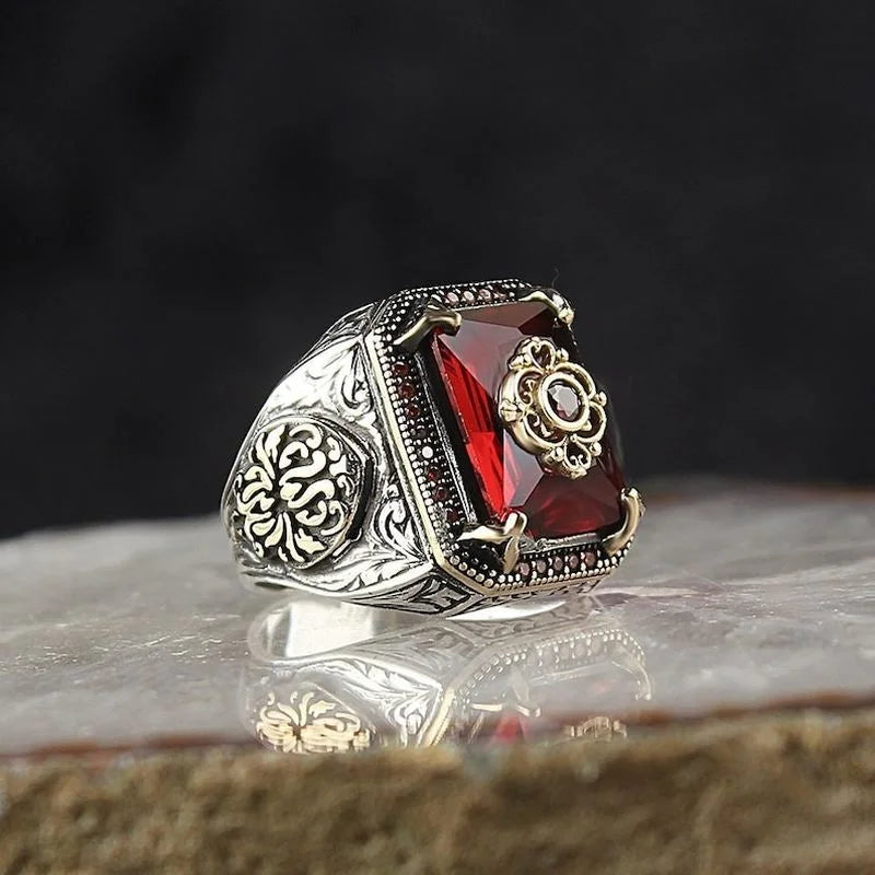 Business Men's Ring Vintage Hand Engraved Pattern Turkish Signet Ring for Men Fashion Set Red Stone Seal Islamic Muslim Jewelry