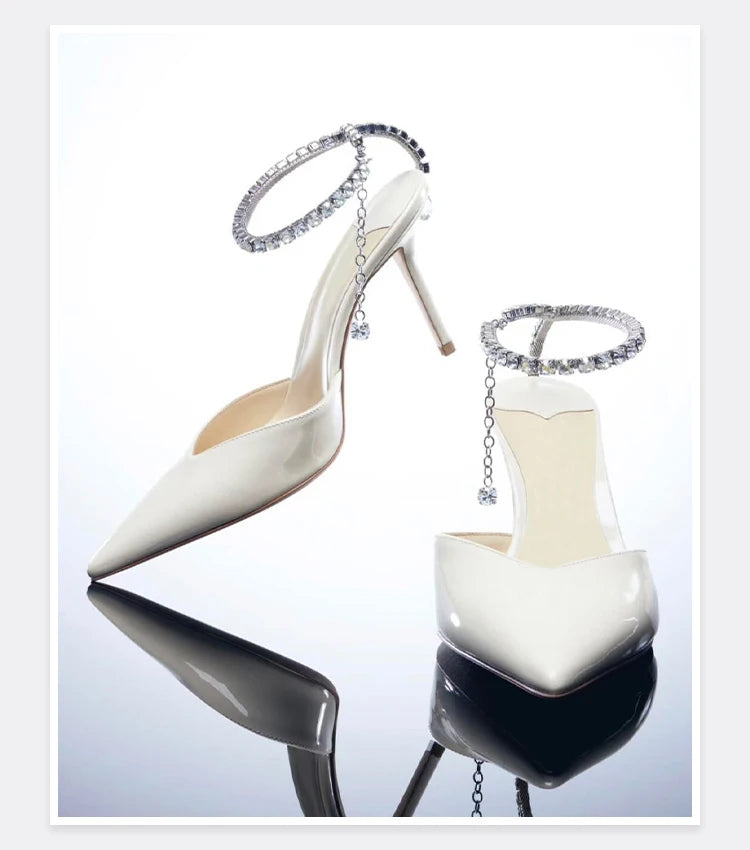 2025 New Mesh Hot Drilled Sexy Versatile Pointed Shallow Mouth Water Diamond Chain High Heels Baotou Sandals for Women