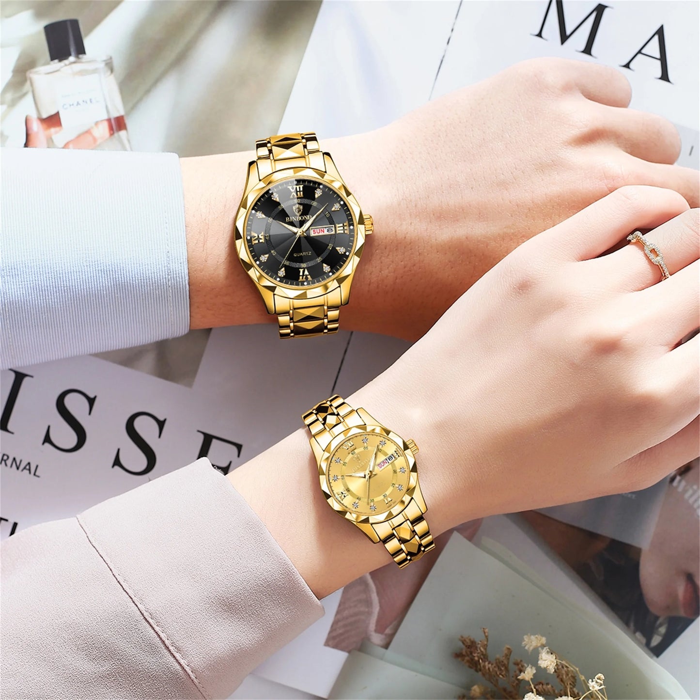 2pcs/set Authentic Luxury Couple Watch Golden Stainless Steel Lovers Quartz Wrist Watches For Women Men Analog Wristwatch 2521
