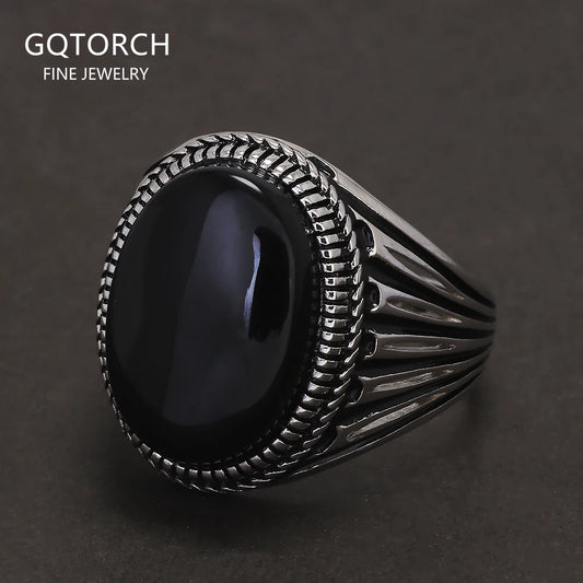 925 Sterling Silver Men's Signet Ring with Natural Agate Gemstone Black Stone Red Green Original Color Vintage Turkish Jewelry