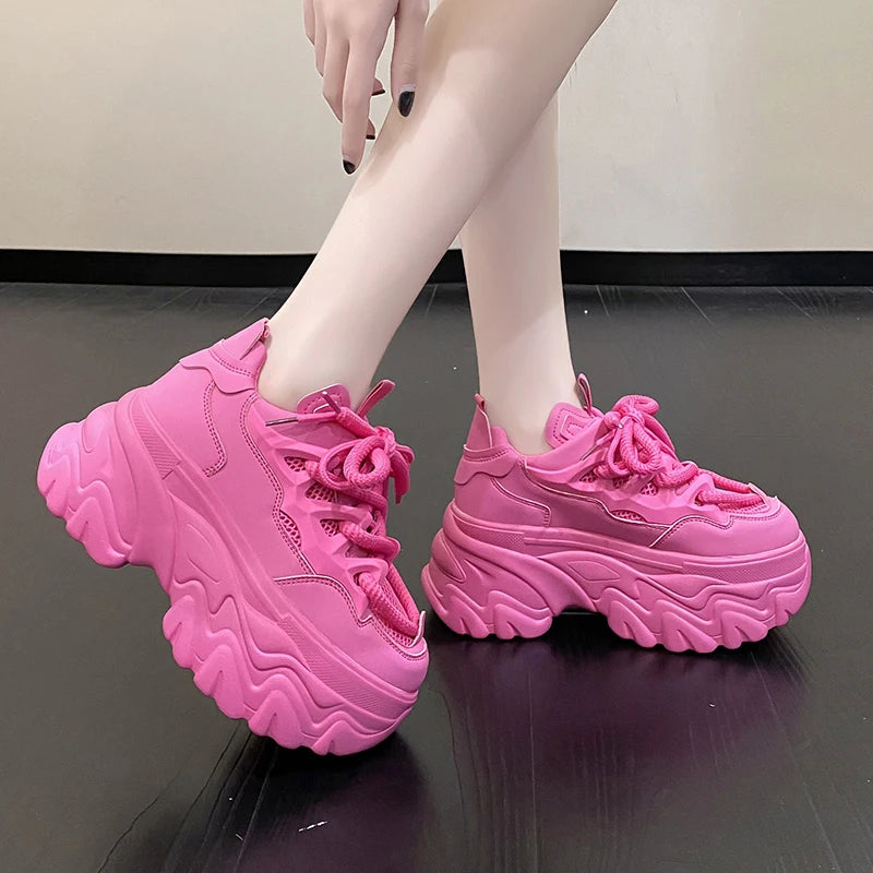 Hidden Heels White Chunky Sneakers Women Breathable Lace Up High Platform Shoes Woman 2025 Autumn Non-Slip Thick Bottom Sneakers