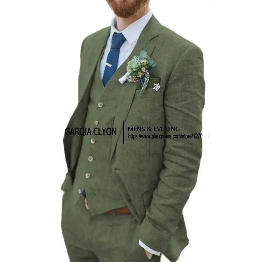 3 Piece Men's Retro Linen Men Suit Beach Wedding Suit Summer Slim Fit Linen Suit Groomsmen For Wedding(Blazer+Vest+Pants)