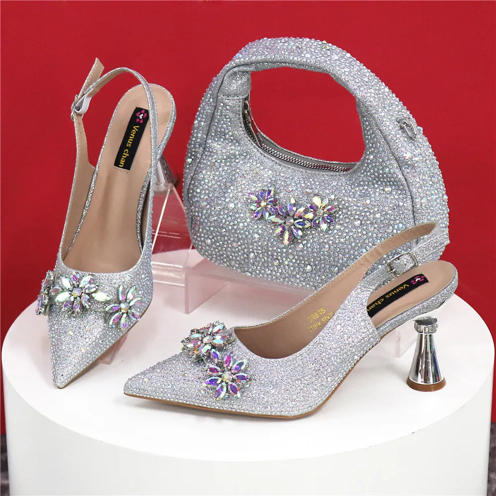 Popularity Pointed Toe High Heels Shoes and Bags Set With Rhinestone for Women Wedding Party Elegant Luxury Fashion